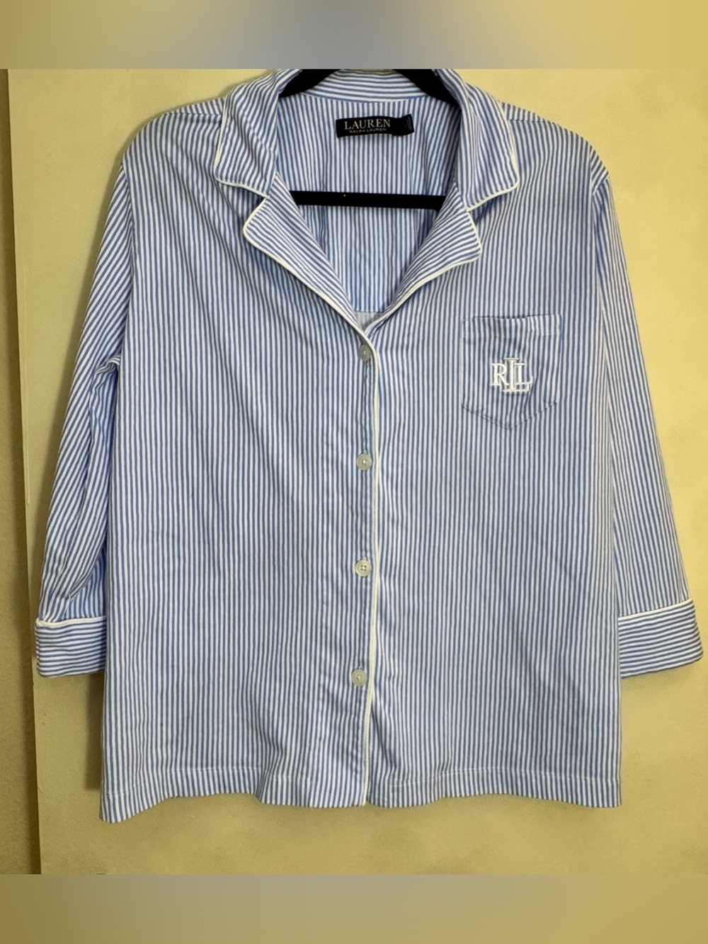 Lauren Ralph Lauren Blue & White Striped Shirt with Logo Label TOP ONLY.
